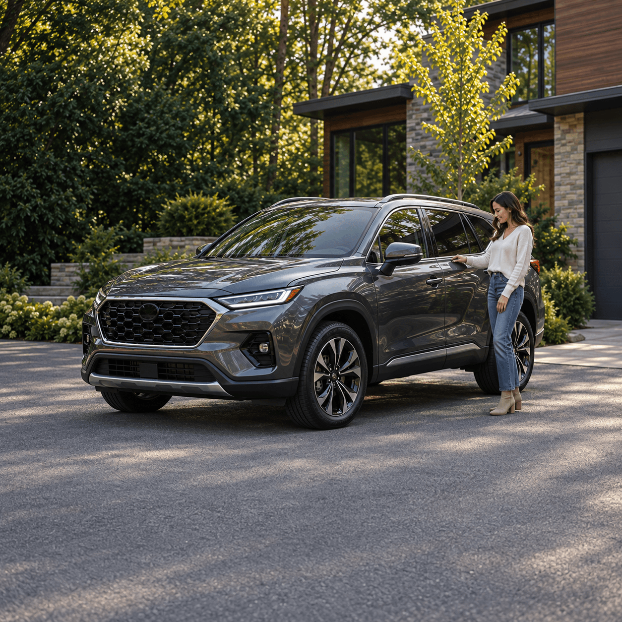 A woman standing beside a grey SUV outside a home